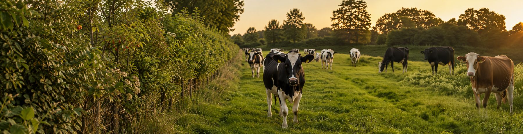 Melkvee in een weiland naast een volgroeide voederhaag in avondlicht